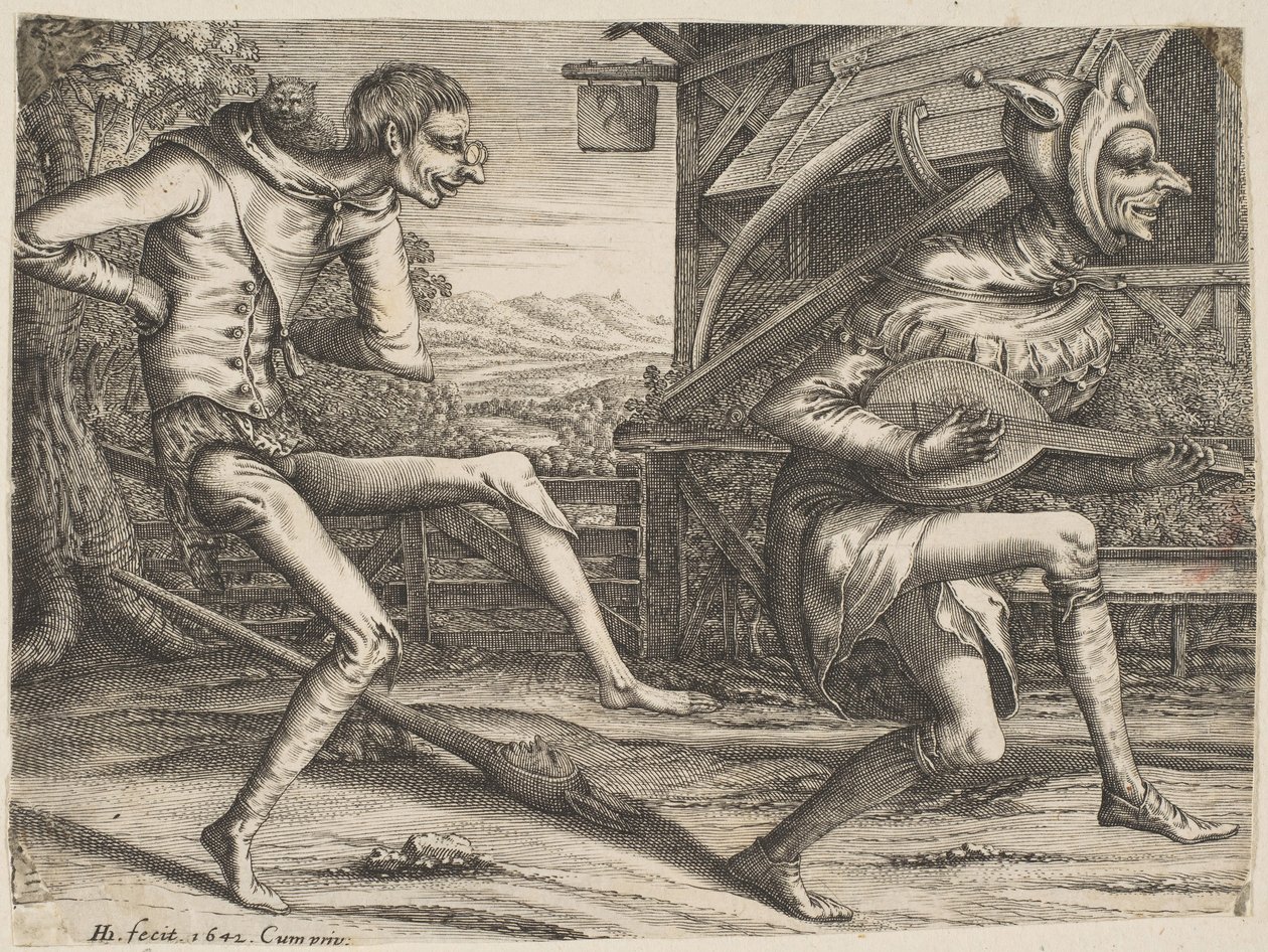 Two Fools Dancing from Two and Three Fools of the Carnival, 1642. tekijältä Hendrick Hondius I