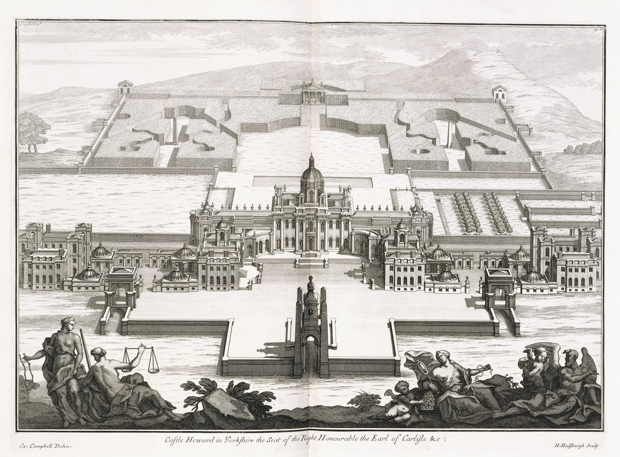 Castle Howard Yorkshiressa, teoksesta "Vitruvius Britannicus" tai "Brittiläinen arkkitehti, joka sisältää sekä julkisten että yksityisten tavanomaisten rakennusten suunnitelmat, korkeudet ja osat Isossa-Britanniassa", Colin Campbell tekijältä Hendrick Hulsberg