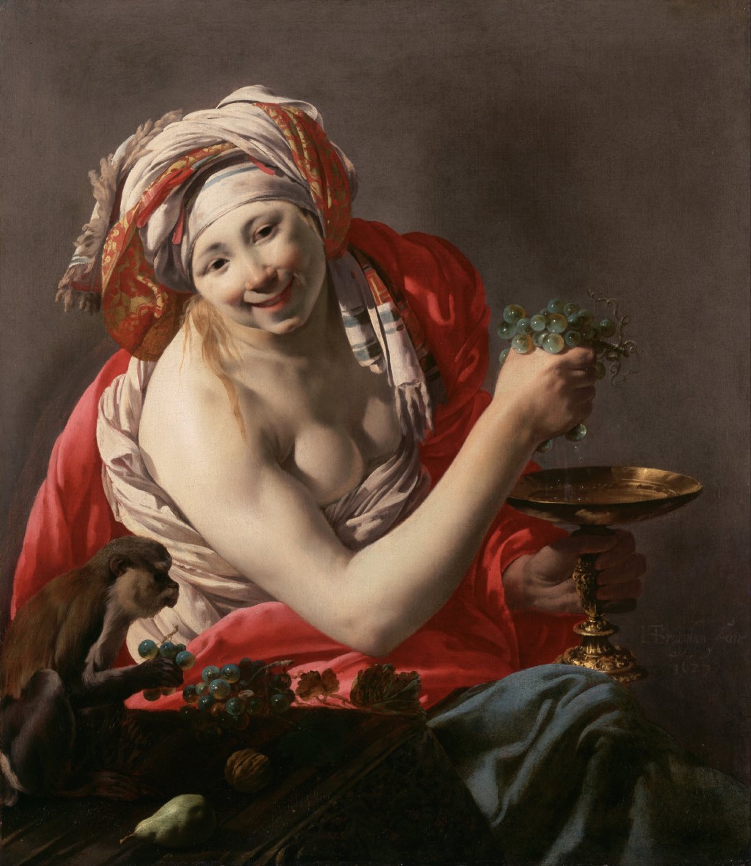 Bacchante apinan kanssa, 1627 tekijältä Hendrick Jansz Terbrugghen