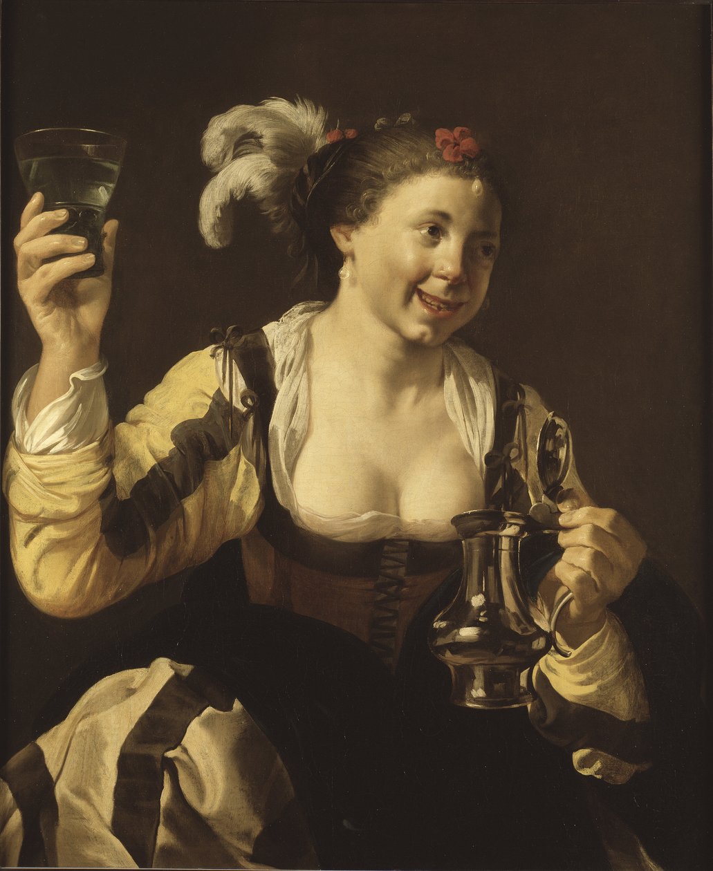 Tyttö pitelee lasia (le gout, serie des cinq sens) - Tyttö pitelee lasia (Taste. Sarjasta "The Five Senses"), kirjoittanut Terbrugghen, Hendrick Jansz (1588-1629). öljy kankaalle tekijältä Hendrick Jansz Terbrugghen