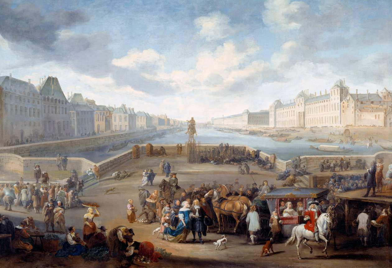 Seinen ylittävä silta yksityiskohta Pariisin ja Louvren näkymästä Henri IV:stä. Hendricks Mommersin (1623-1693) maalaus Ec. Hol. tekijältä Hendrick Mommers