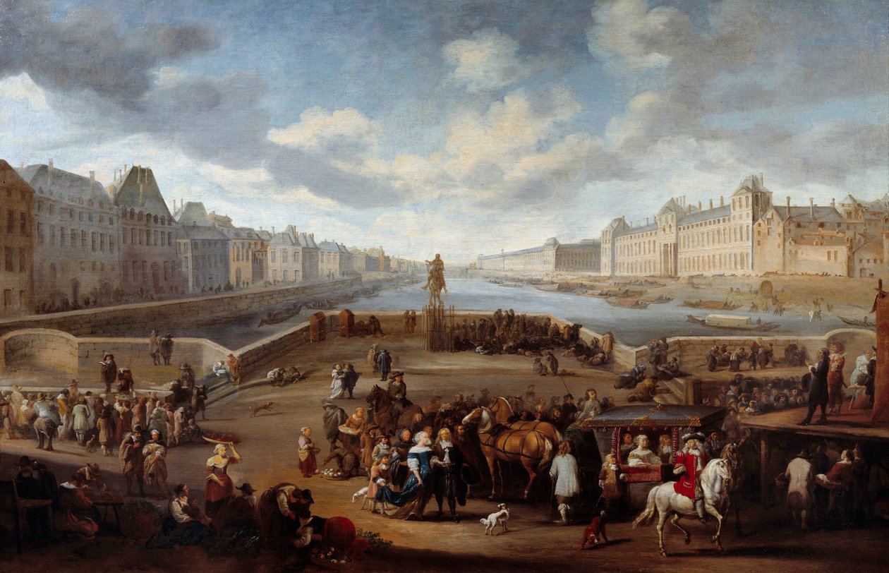 Näkymä Pariisista Louvren kanssa, otettu Henri IV:n sillalta (Actuel Pont Neuf). Hendricks Mommersin (1623-1693) maalaus tekijältä Hendrick Mommers