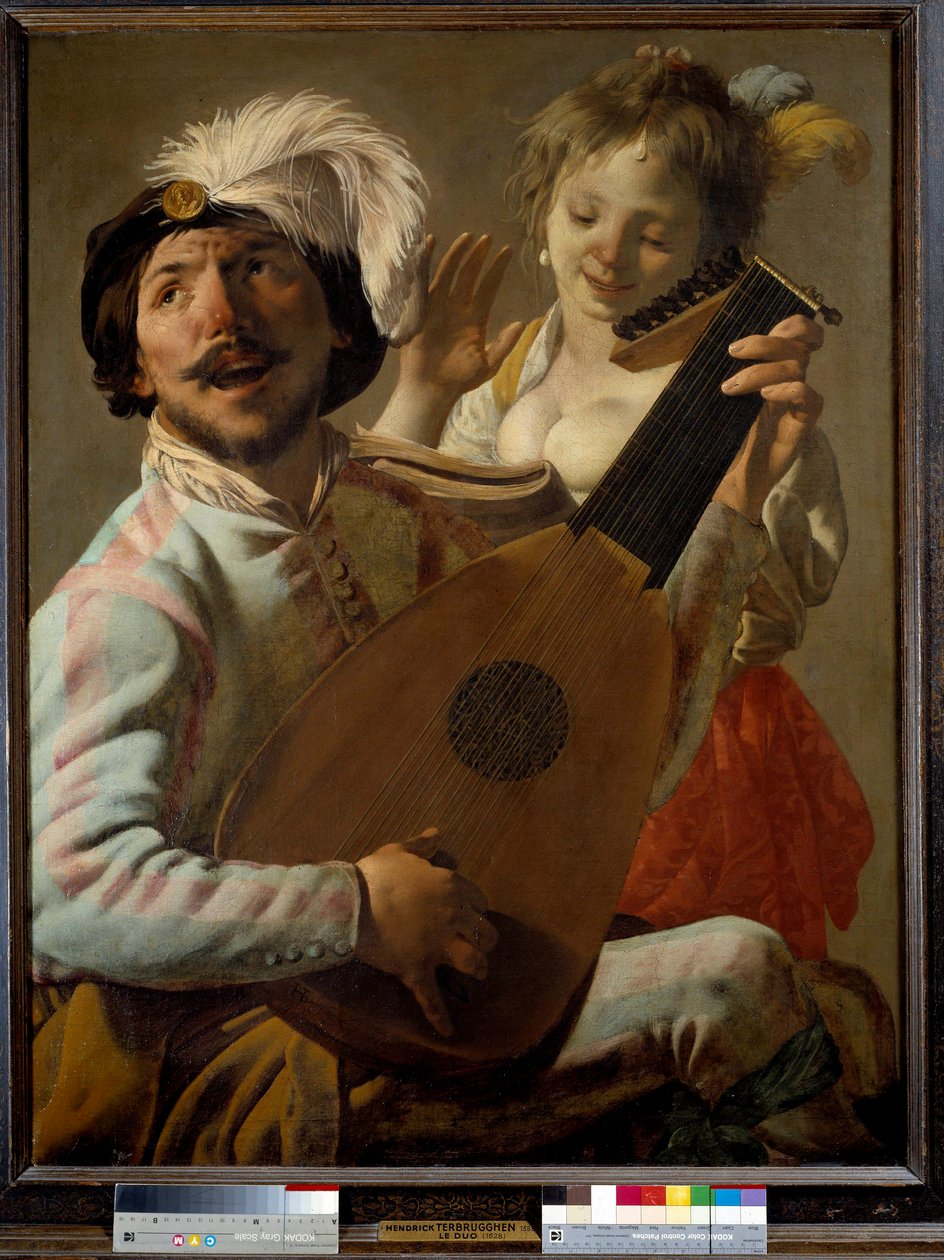 Duo Laulaja soittamassa luuttua tanssijan kanssa. Hendrick ter Brugghenin (tai Terbrugghenin) maalaus tekijältä Hendrick ter Brugghen