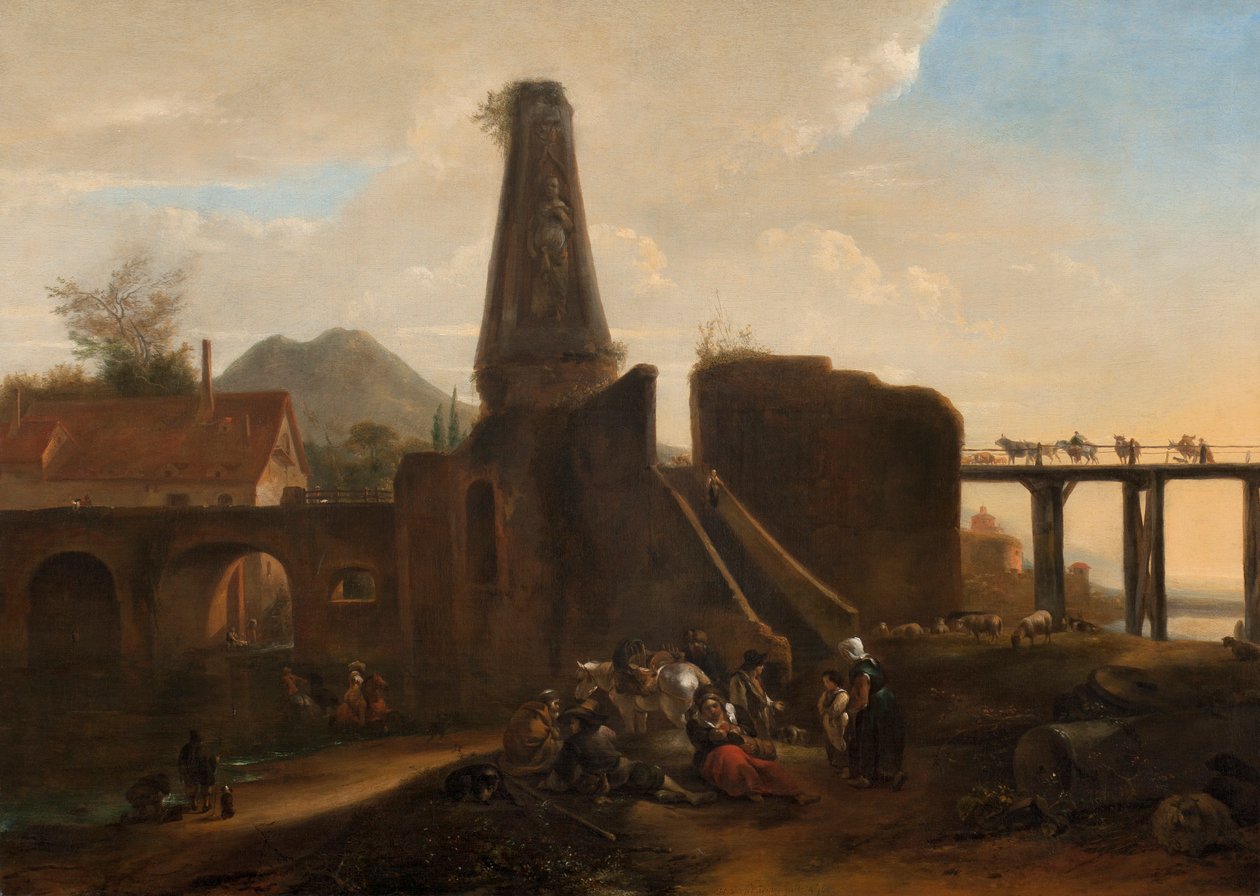 Travelers at Rest yhdessä klassisten raunioiden kanssa, 1663 öljy kankaalle tekijältä Hendrick Verschuring