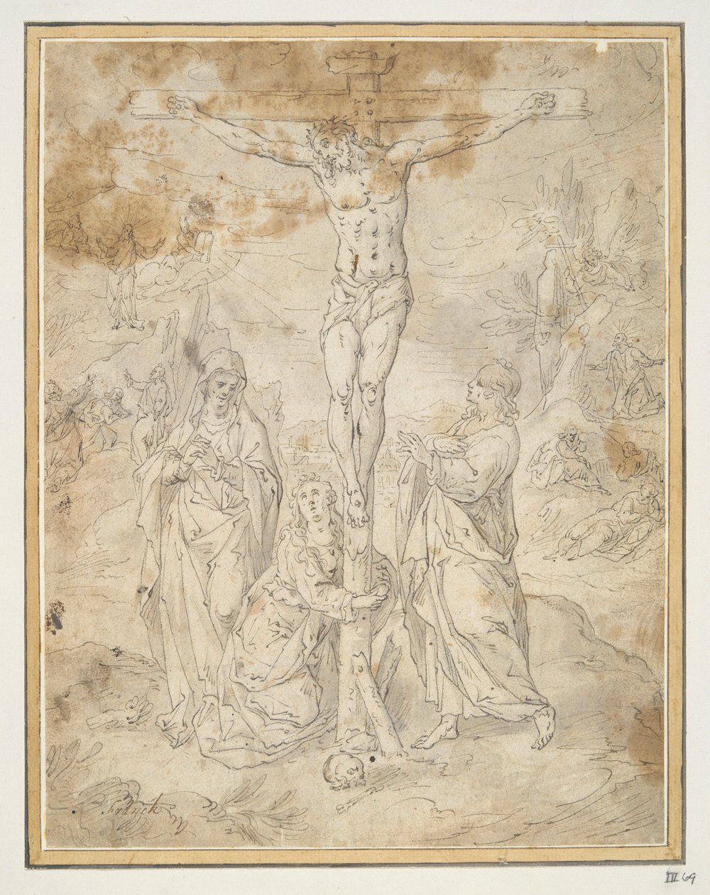 Crist a la creu entre la Verge i Sant Joan amb escenes de la Passió al fons finlandès tekijältä Hendrick de Clerck