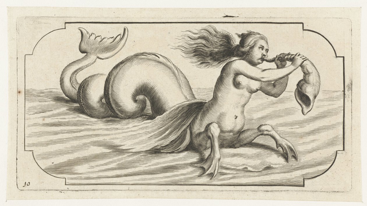 Naishahmo puhaltaa kuoreen Nouveau Livre des Dieux et Deeßes De la Marine Bouckje of Sea Gods and Goddess (sarjan nimi) tekijältä Hendrick de Keyser (I)