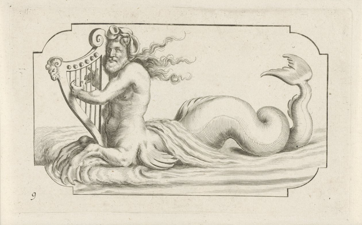 Triton soittaa harppua Nouveau Livre des Dieux et Deeßes De la Marine Bouckje of Sea Gods and Goddess (sarjan nimi) tekijältä Hendrick de Keyser (I)