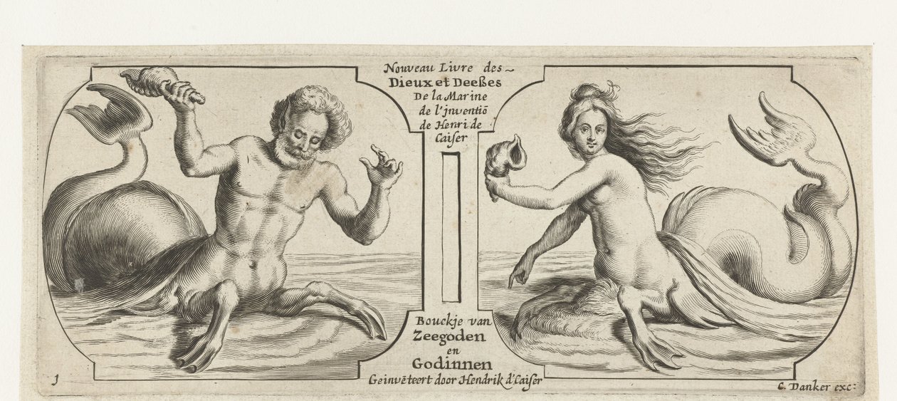 Kaksi lokeroa, jokaisessa triton Merijumalien ja jumalattarien Nouveau Livre des Dieux et Deeßes De la Marine Bouckje (otsikko esineessä) Nouveau Livre des Dieux et Deeßes De la Marine Bouckje of Sea Gods and Goddess (sarjan nimi) tekijältä Hendrick de Keyser (I)
