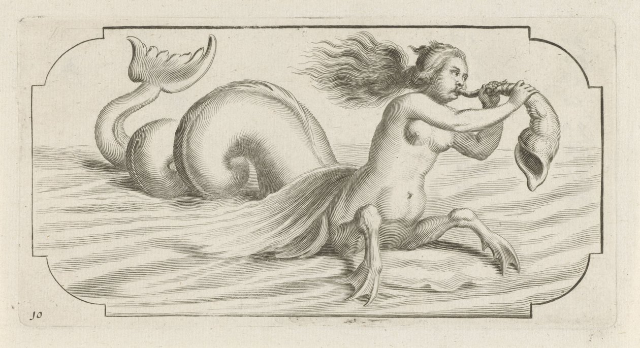 Naishahmo puhaltaa kuoreen Nouveau Livre des Dieux et Deeßes De la Marine Bouckje of Sea Gods and Goddess (sarjan nimi) tekijältä Hendrick de Keyser (I)