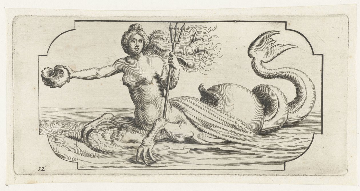 Naishahmo, jossa on Neptunuksen kolmikko Nouveau Livre des Dieux et Deeßes De la Marine Bouckje of Sea Gods and Goddess (sarjan nimi) tekijältä Hendrick de Keyser (I)