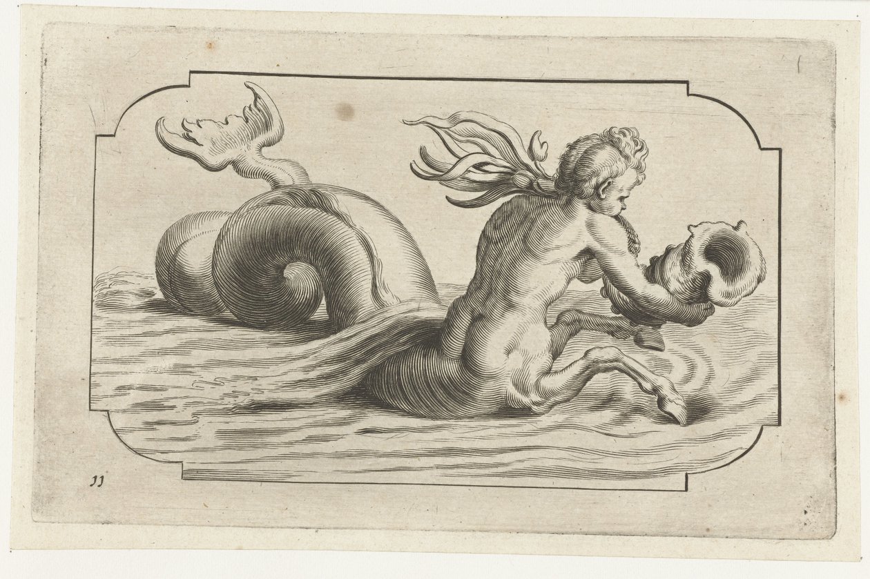 Merihevonen urospuolisella ylävartalolla Nouveau Livre des Dieux et Deeßes De la Marine Bouckje of Sea Gods and Goddess (sarjan nimi) tekijältä Hendrick de Keyser (I)