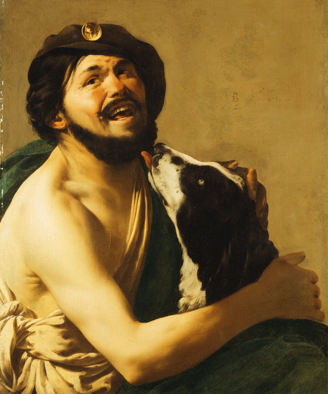 Naurava Bravo koiran kanssa, 1628 tekijältä Hendrick ter Brugghen
