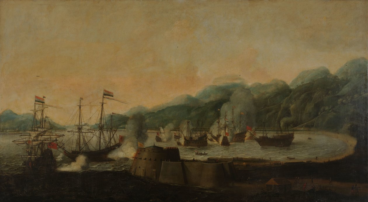 Cornelis Simonsz van der Veerin komennossa oleva hollantilainen laivue suorittaa yllätyshyökkäyksen kolmea portugalilaista galleonia vastaan Goa Velhan lahdella, 30. syyskuuta 1639 tekijältä Hendrick van Anthonissen