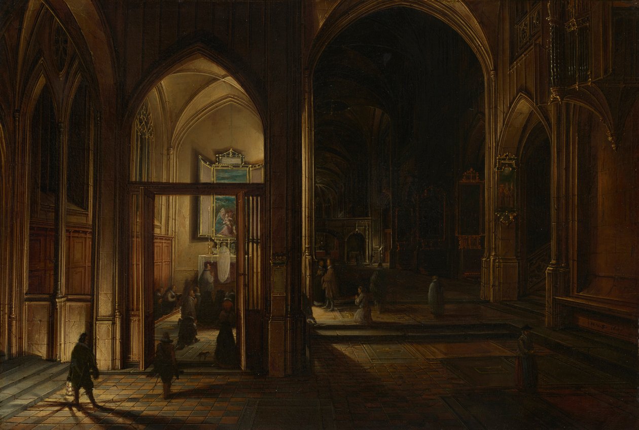 Goottilaisen kirkon sisätilat yöllä tekijältä Hendrick van Steenwijk the Younger