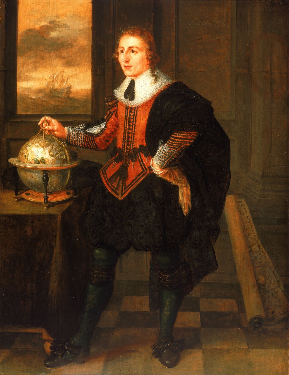 Navigaattori, jossa on maapallo ja jakajat tekijältä Hendrick van der the Elder Borcht