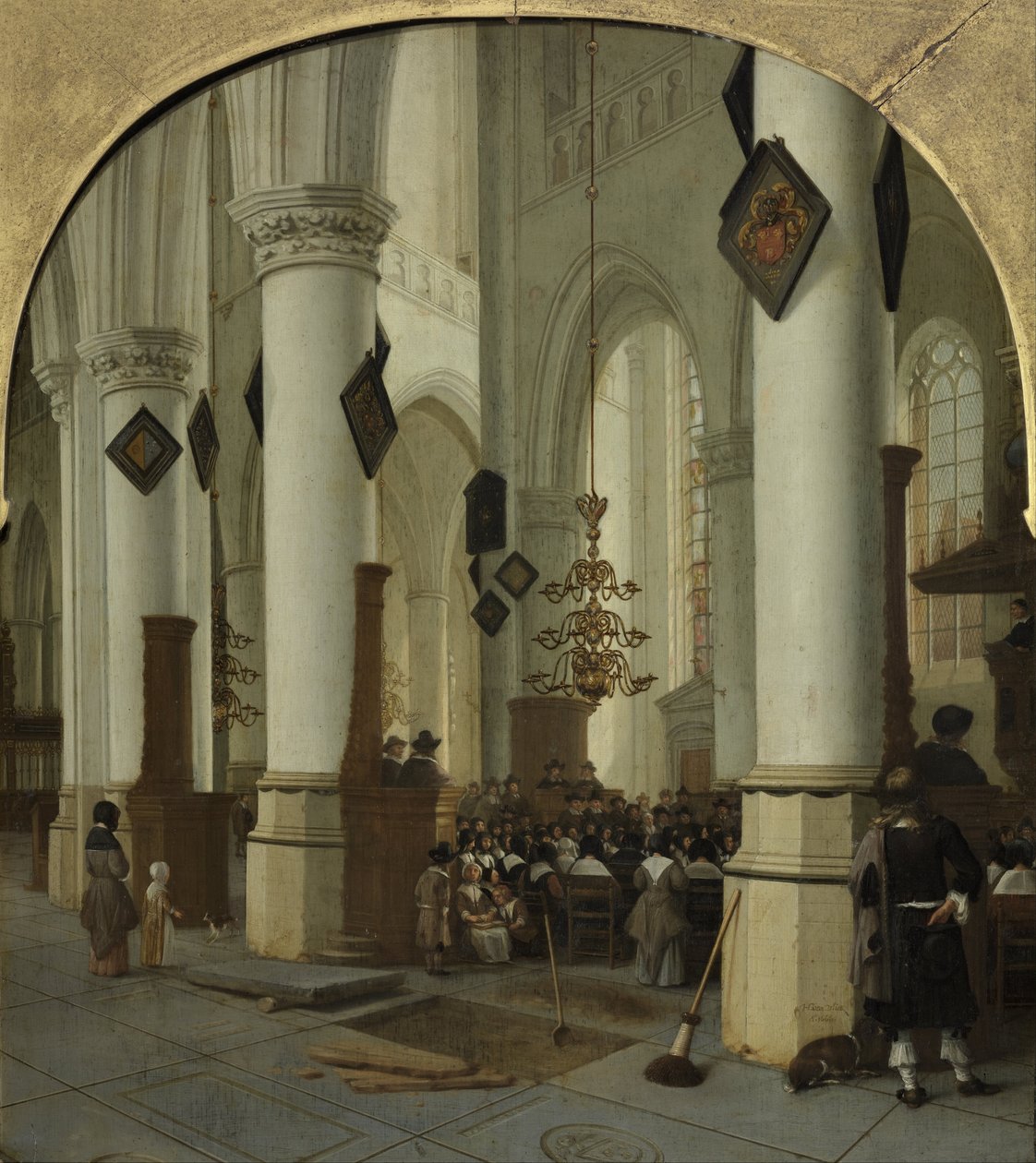 Näkymä Haarlemin Pyhän Bavon kirkon sisälle messun aikana tekijältä Hendrik Cornelisz. van Vliet