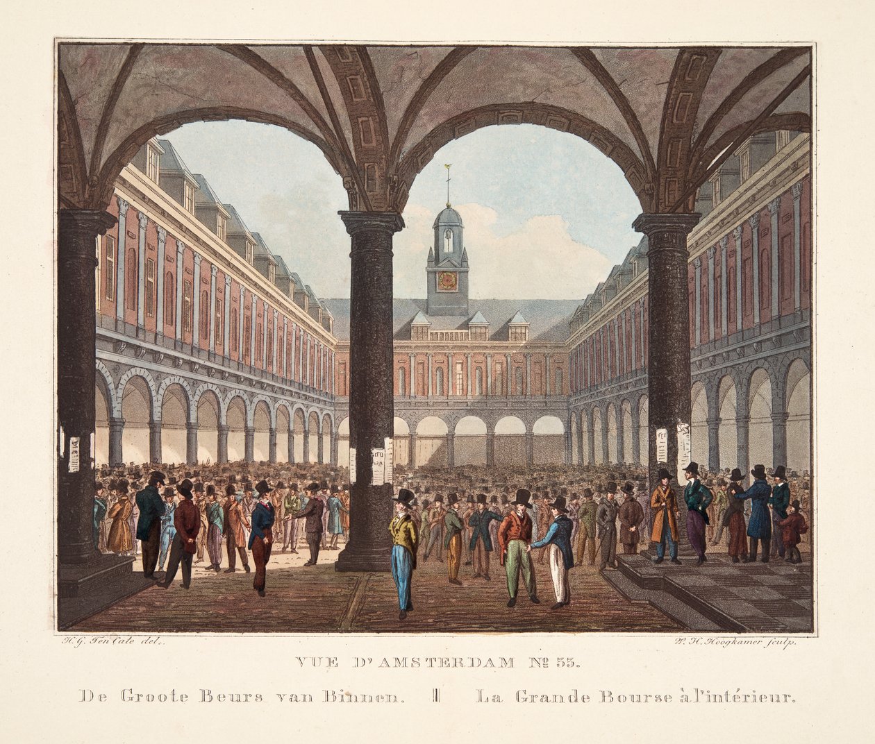 Näkymä Amsterdamiin nro 33. De Groote Beurs van Binnen. La Grande Bourse sisältä, 1825 (käsinvärinen kaiverrus) tekijältä Hendrik Gerrit ten Cate