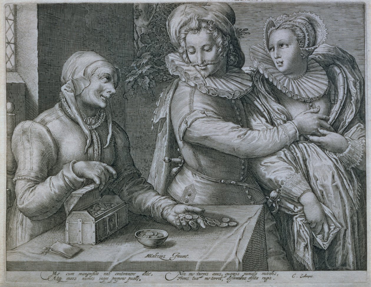 Nuori mies, joka valitsee rakkauden kauneuteen rikkauksien sijaan, kaiverrus Jacob Matham (1571-1631) tekijältä Hendrik Goltzius
