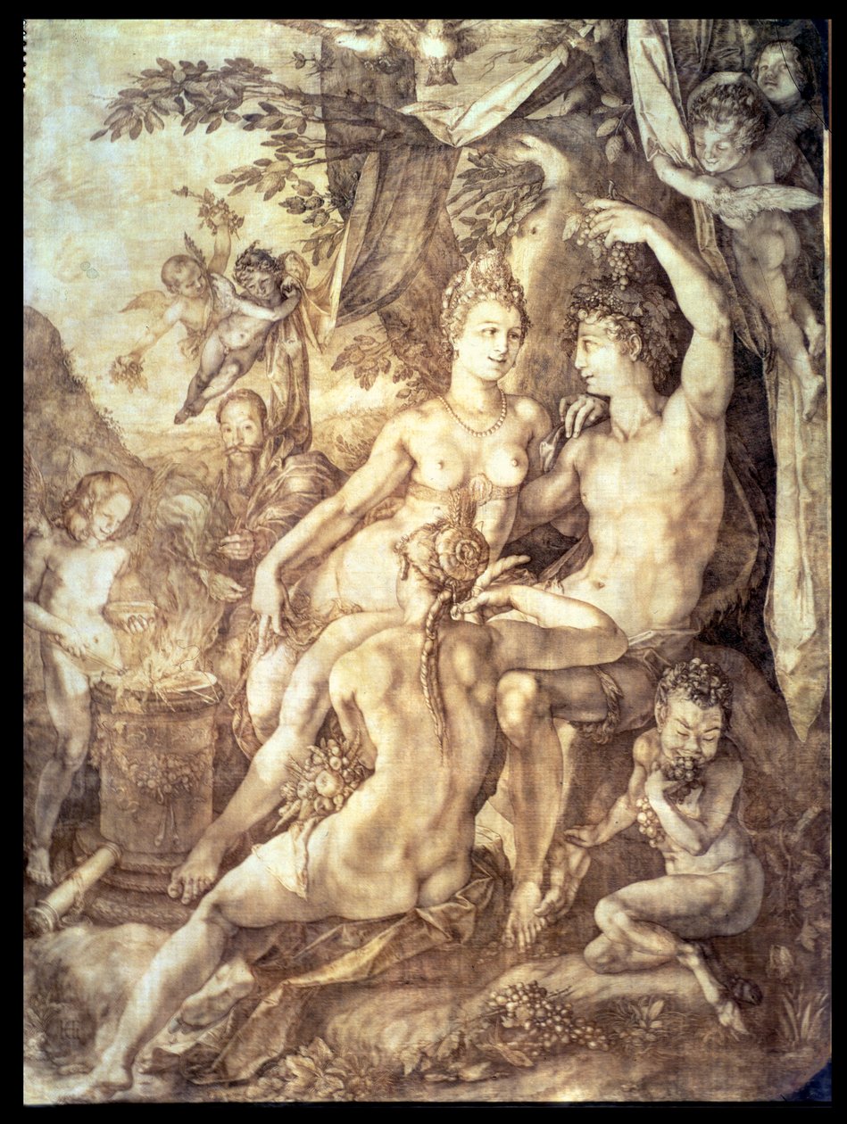 Bacchus, Venus ja Ceres, n. 1606 (kynä ja ruskea muste) tekijältä Hendrik Goltzius