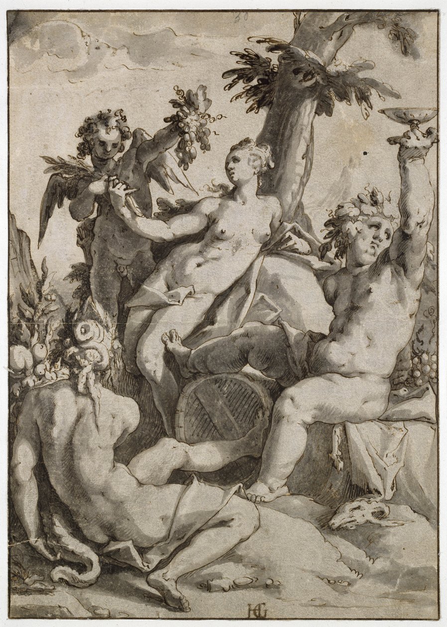 Ceres, Venus ja Bacchus, 1500-luku (kynä ja muste ja harmaa pesu paperilla) tekijältä Hendrik Goltzius