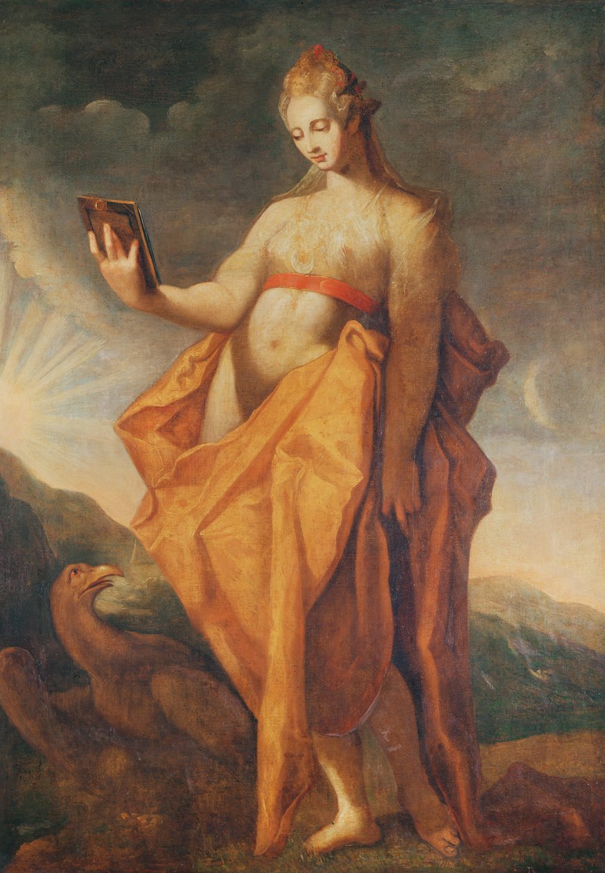 Leto, raskaana kaksoset Artemis ja Apollo, Zeuksen kotka jaloissaan tekijältä Hendrik Goltzius