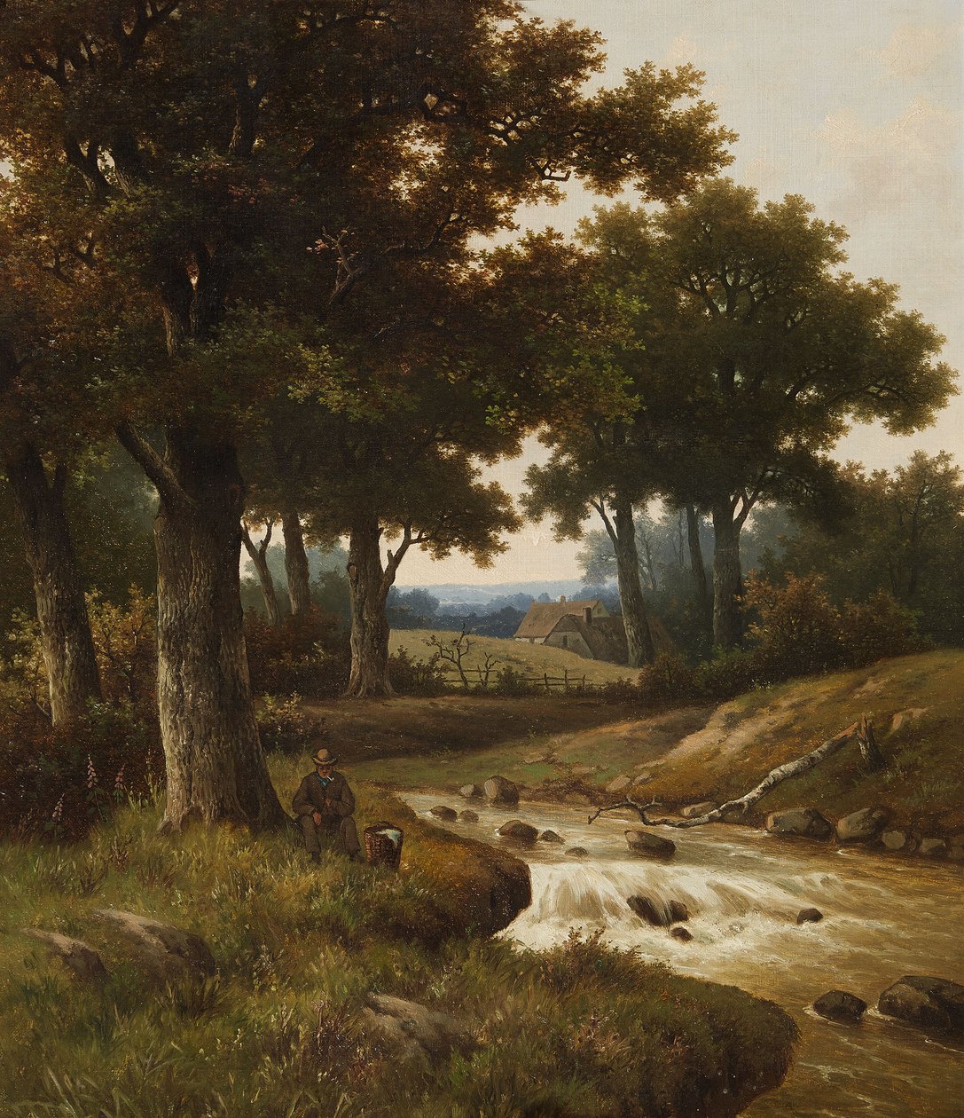 Bewaldete Flusslandschaft mit Häusern im Hintergrund tekijältä Hendrik Pieter Koekkoek