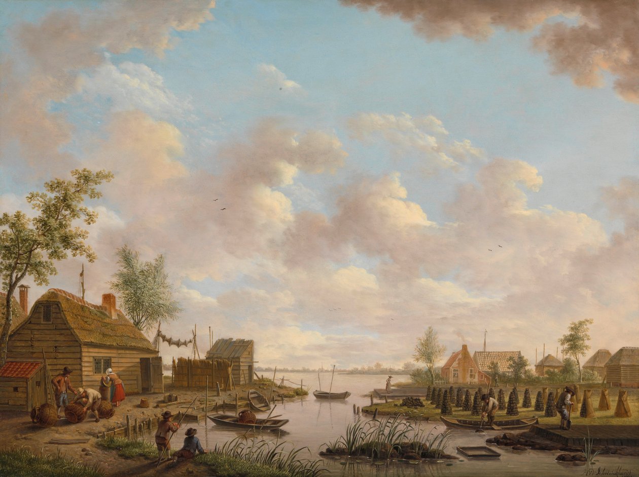 Landschap met vissers en turfstekende boeren in het laagveen tekijältä Hendrik Willem Schweickhardt