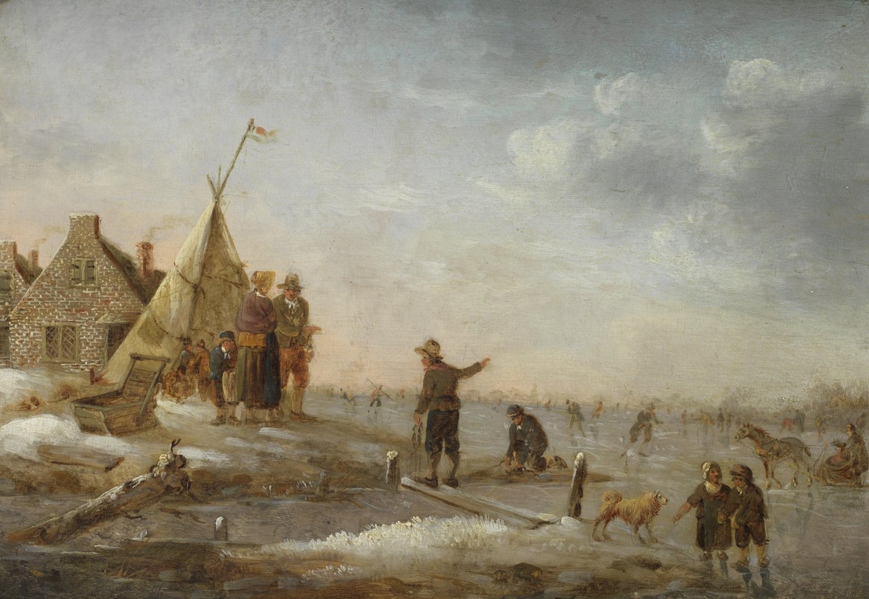 Talvimaisema taitoluistelulla ennen kylää tekijältä Hendrik Willem Schweickhardt