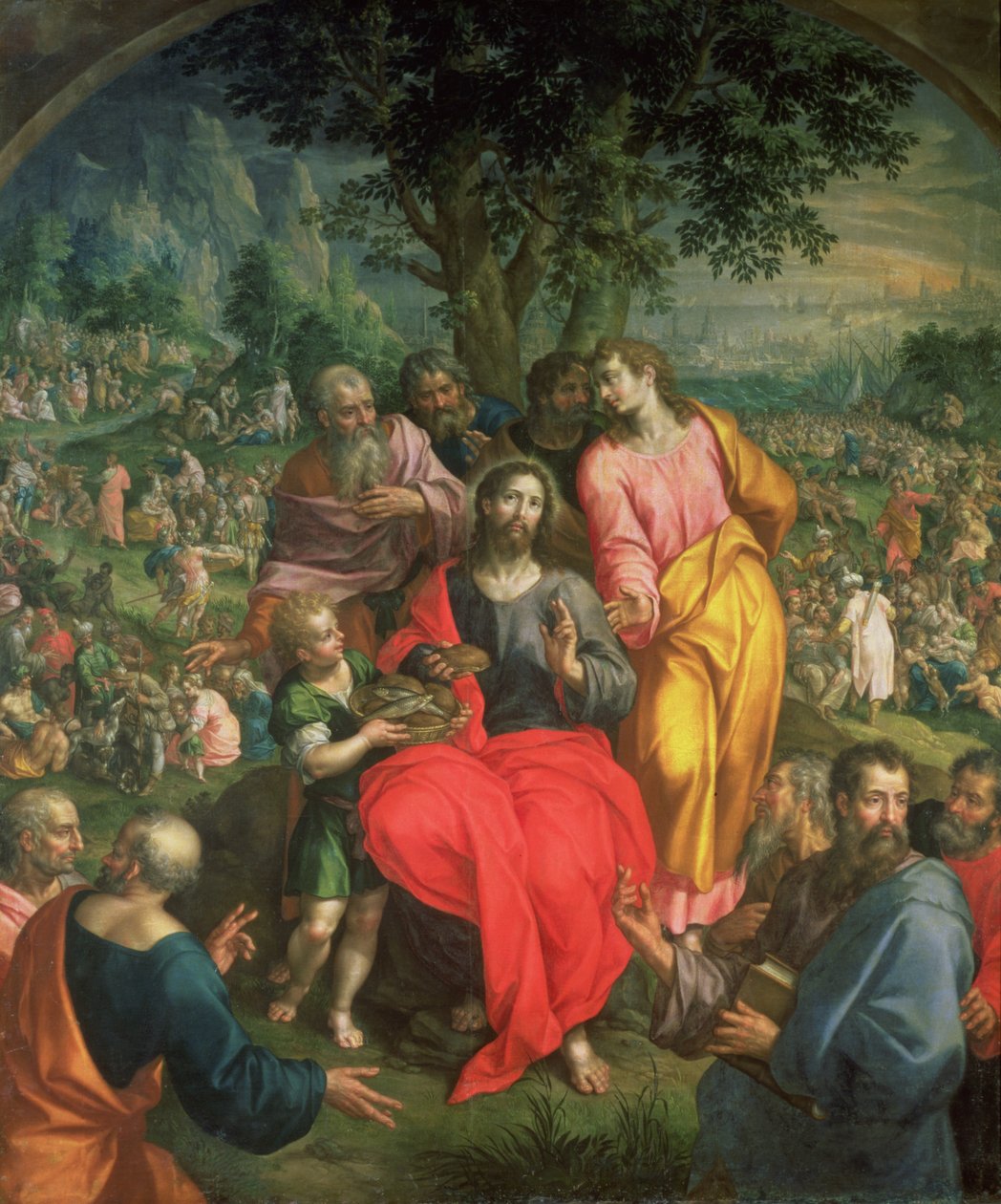 Viidentuhannen ruokinta, noin 1590 tekijältä Hendrick de Clerck