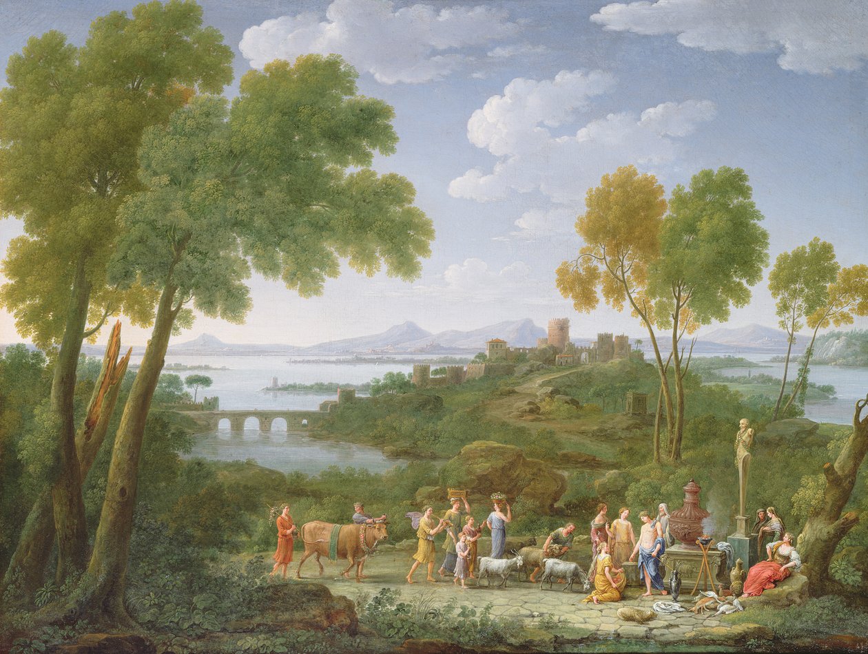 Laaja italialaistyylinen maisema, jossa on uhri, 1728 tekijältä Hendrik van Lint