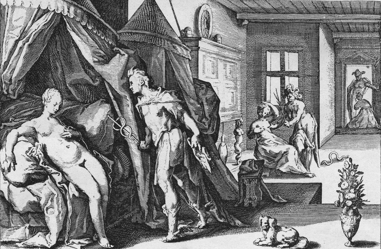 Merkurius astuu Hersen huoneeseen muutettuaan Agrauloksen kiviksi, Ovidius, Metamorphoses, Book II - Anonymous, hollanti tekijältä Hendrik (after) Goltzius