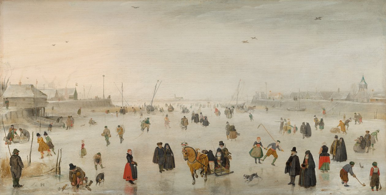 A Scene on the Ice, n. 1625 (öljy paneelille) tekijältä Hendrik Avercamp