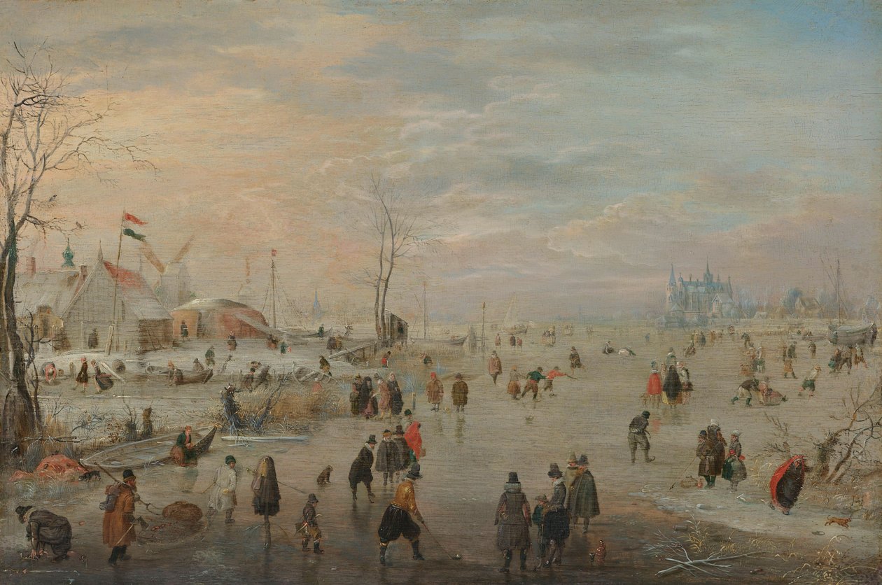 Nautitaan jäästä, n. 1615-20 tekijältä Hendrik Avercamp