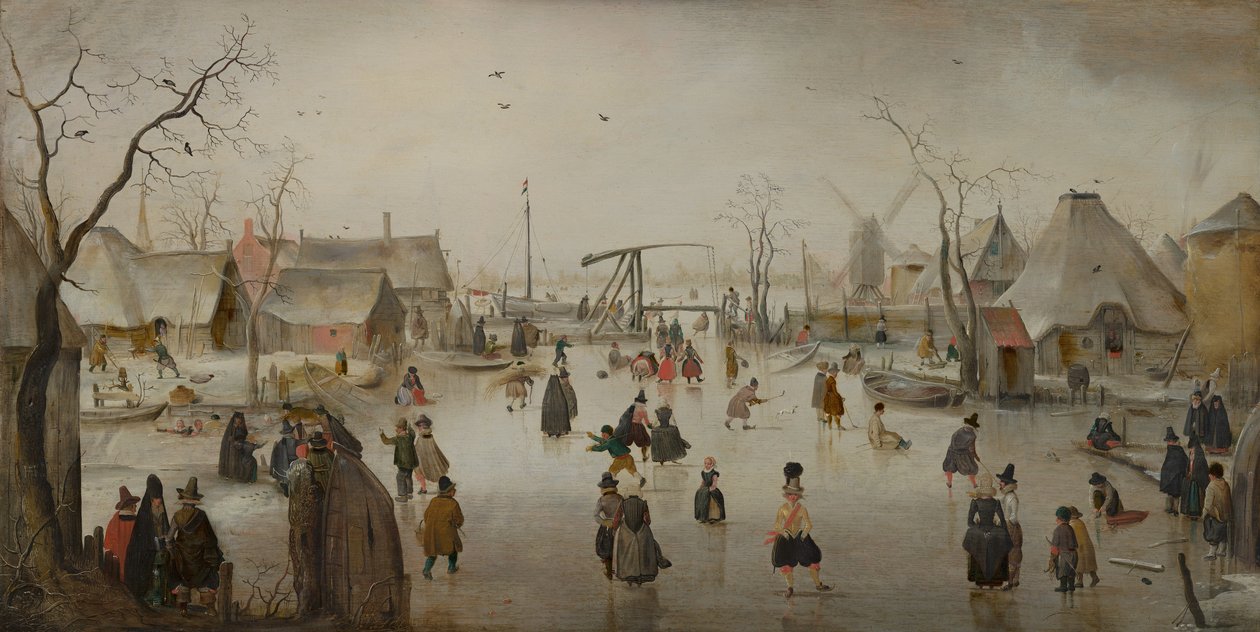 Jääurheilua, noin 1610 (öljy paneelille) tekijältä Hendrik Avercamp