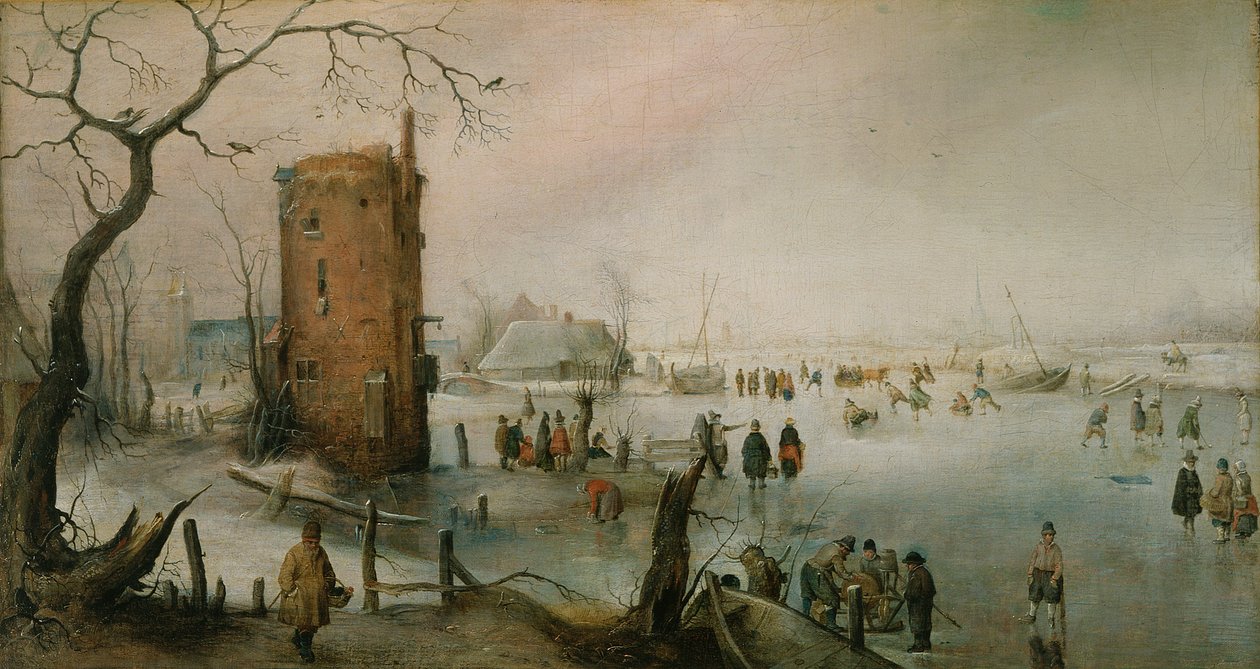 Luistelu kaupungin lähellä, n.1610-20 (öljy kankaalle). tekijältä Hendrik Avercamp