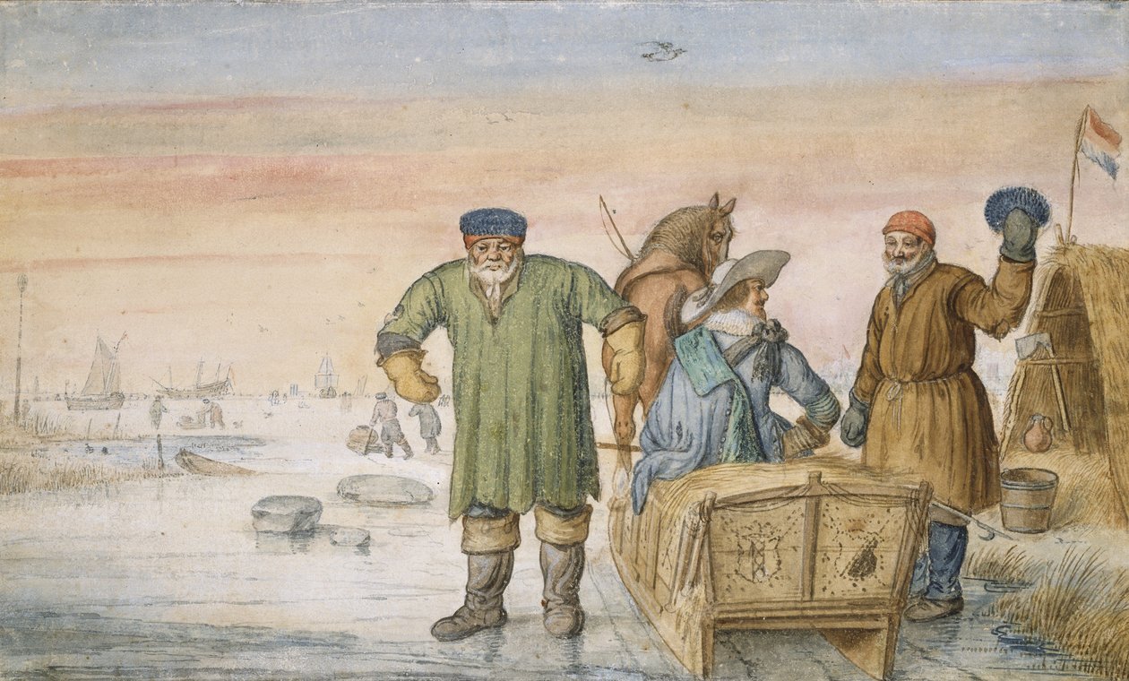 Kaksi vanhaa miestä kelkan vieressä, jossa on Amsterdamin ja Utrechtin vaakuna, 1620-33 tekijältä Hendrik Avercamp
