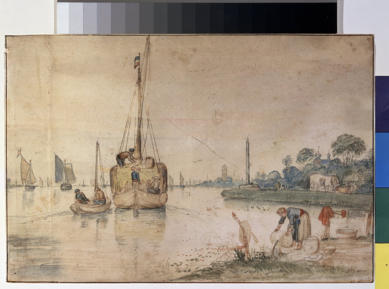 "Proomu, joka kuljettaa heinää" (A proomu heinällä) Hendrick Avercampin (1585-1634) muste- ja akvarellipiirustus 1625-1630 Pushkinin taidemuseo, Moskova tekijältä Hendrik Avercamp