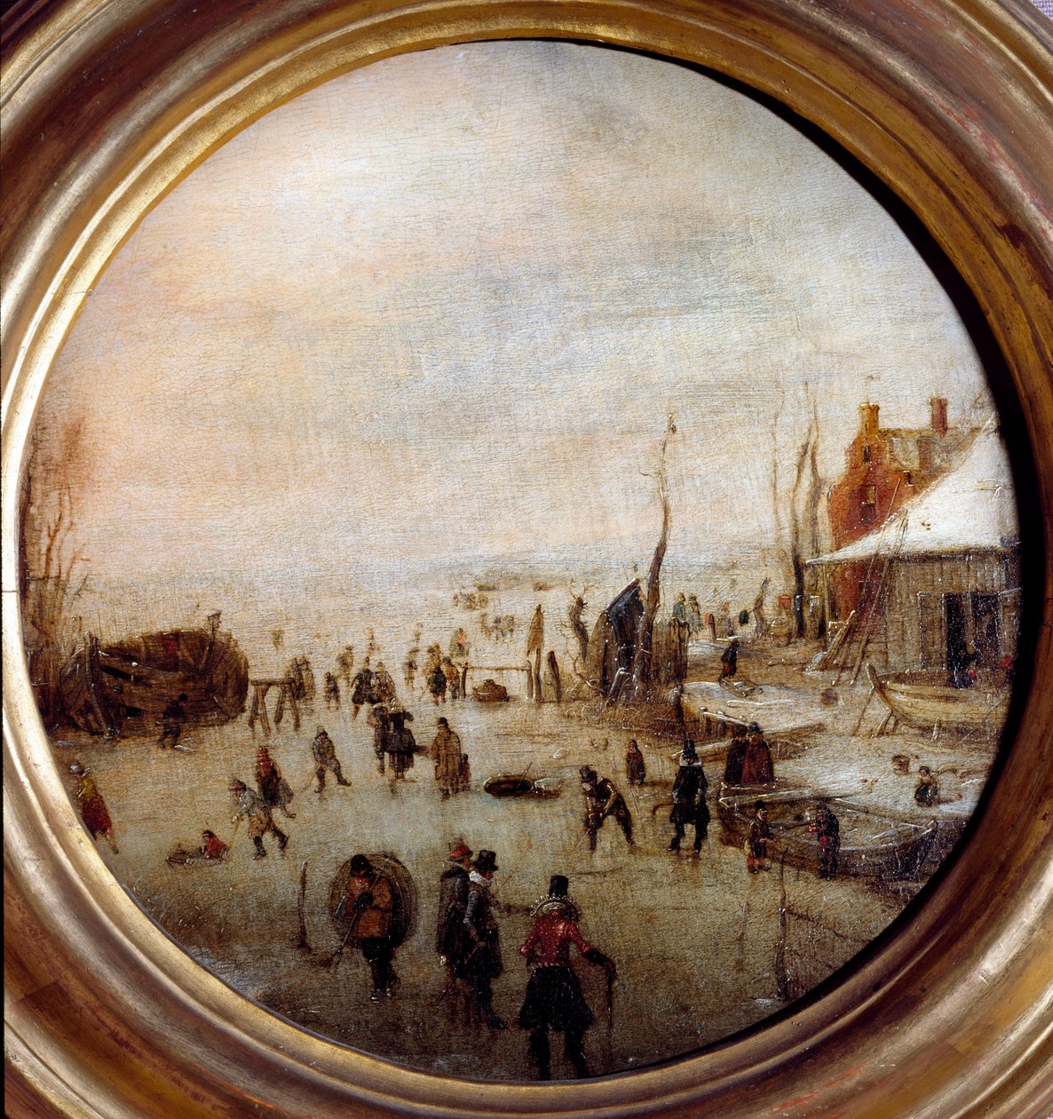 Talvimaisema luistelijoiden ja jääkiekkopelaajien kanssa Hendrick Avercampin (1585-1634) maalaus Halkaisija 25 cm Musei di Strada Nuova (ex Palazzo Rosso) Genes Italia tekijältä Hendrik Avercamp