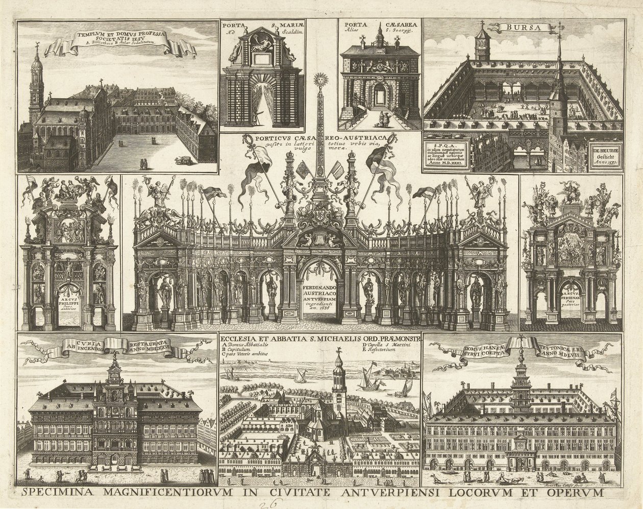 Blad met tien voorsetningen van de intocht van de Kardinaal Infant Ferdinand te Antwerpen, 1635 Näytteitä Antwerpenin kaupungin upeimmista paikoista ja teoksista (otsikko esineessä) tekijältä Hendrik Causé