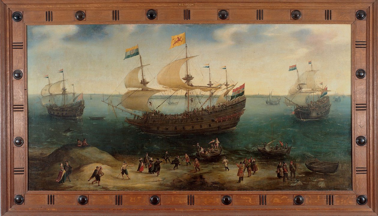 Amsterdamin nelimastoinen laiva De Hollandsche Tuyn ja muut laivat palaavat Brasiliasta Paulus van Heerdenin komennossa tekijältä Hendrick Cornelisz. Vroom