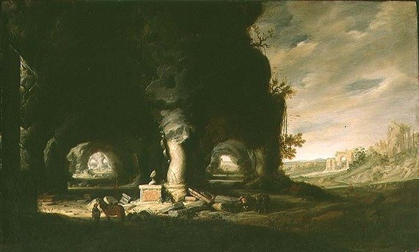 Luola kuvitteellisessa maisemassa, n. 1643 (öljy paneelille) tekijältä Hendrik Cornelisz. van Vliet