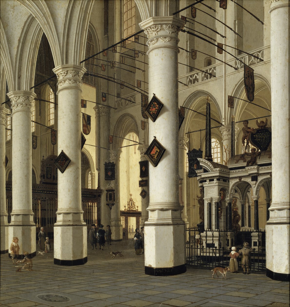 Interior de la nouvelle eglise de Delft - Nieuwe Kerkin, Delftin sisustus, kirjoittanut Vliet, Hendrick Cornelisz. alkaen (1611-1675). Öljyä puulle. Mitat: 41 x 39 cm. Tukholman kansallismuseo tekijältä Hendrik Cornelisz. van Vliet