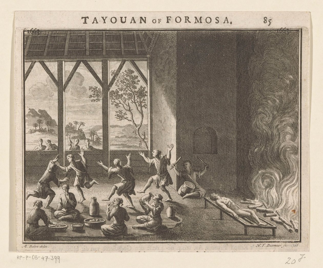 Osa Formosan asukkaiden hautausrituaalia Tayouan of Formosa (otsikko esineessä) tekijältä Hendrik Frans Diamaer