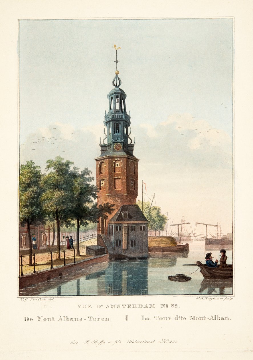 Näkymä Amsterdamiin nro 32. Mont Albans-Torenista. Niin sanottu Mont Albanin torni, 1825 (käsin väritetty kaiverrus). tekijältä Hendrik Gerrit ten Cate