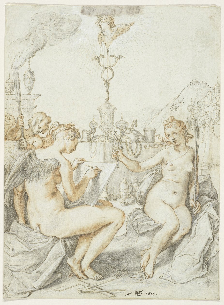 Allegoria piirtämisen taiteesta taiteilijan tunnuksella, 1612 (muste, liitu ja guassi paperille) tekijältä Hendrik Goltzius