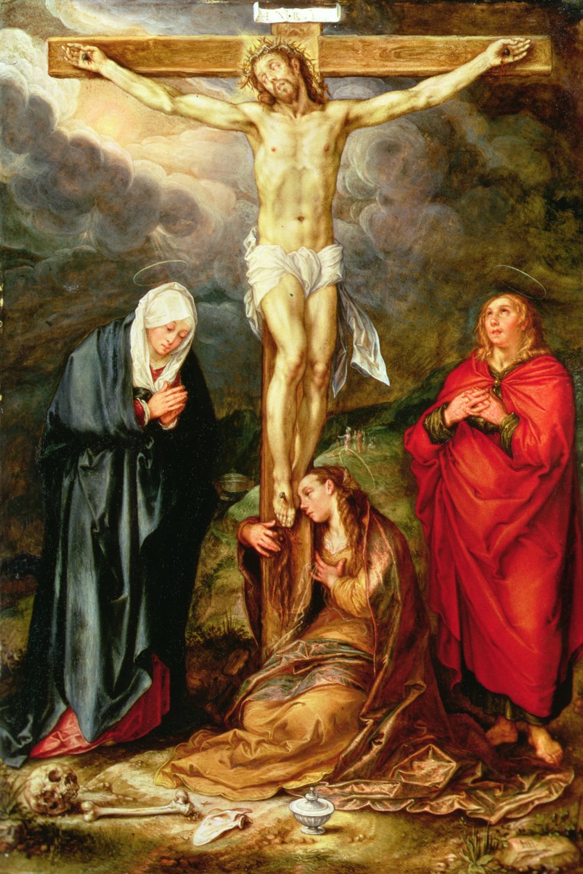 Kristus ristillä, Marian, Pyhän Johanneksen ja Magdaleenan kanssa, n. 1600 (öljy kuparilla) tekijältä Hendrik Goltzius