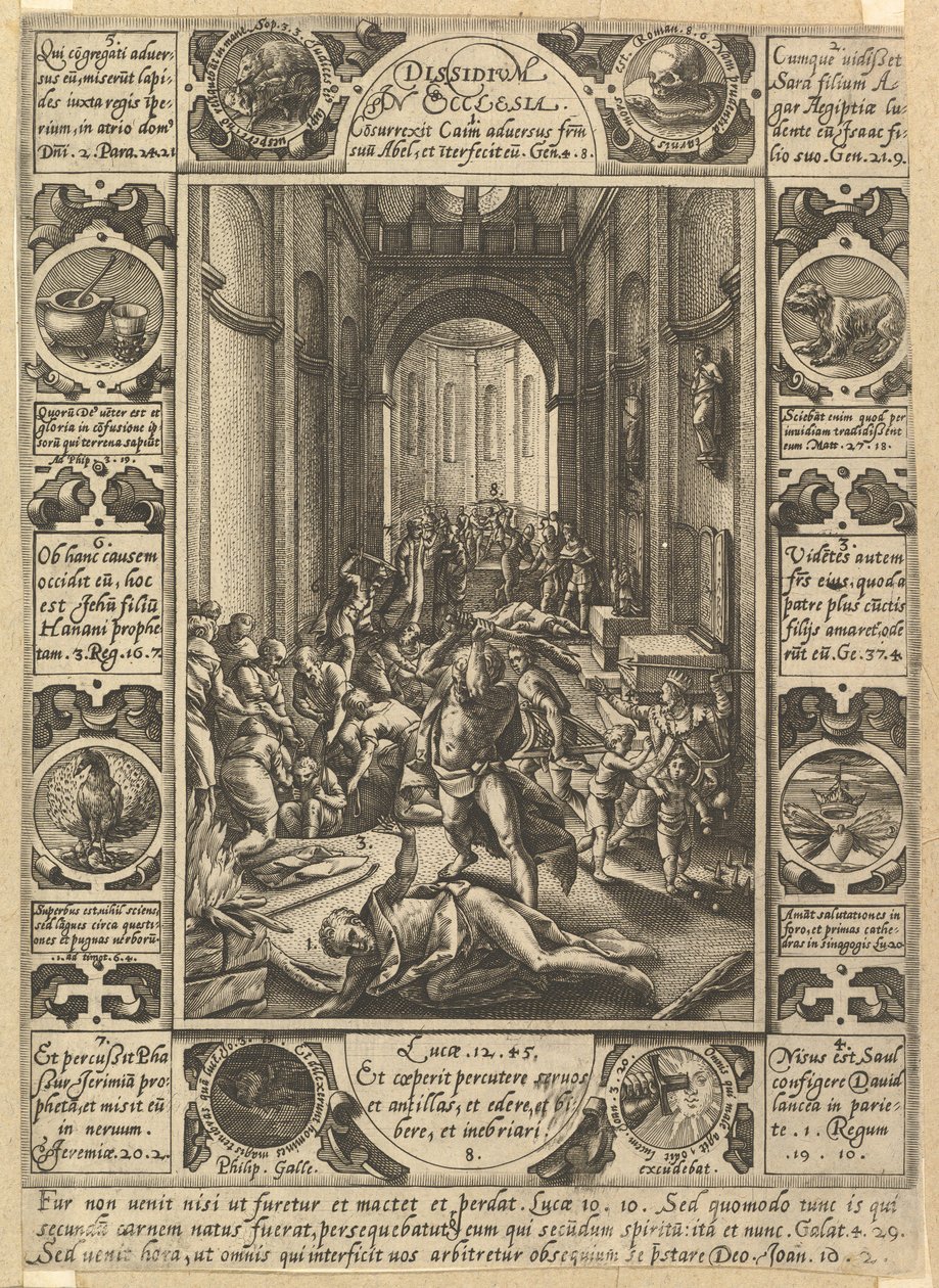 Erimielisyyttä kirkossa Dissidium kirkossa, n. 1578 tekijältä Hendrik Goltzius