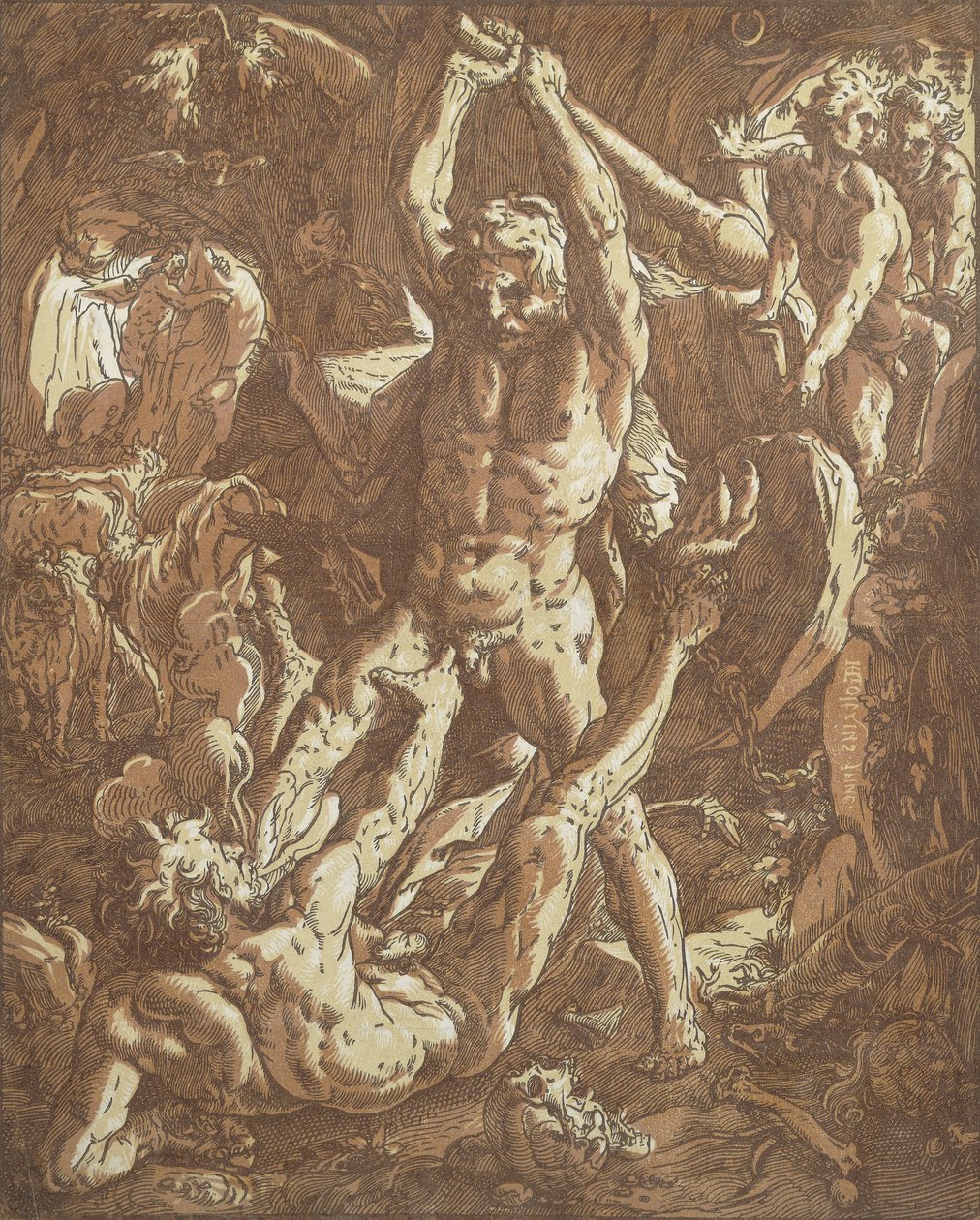 Hercules tappaa Cacuksen, tekijältä Hendrik Goltzius