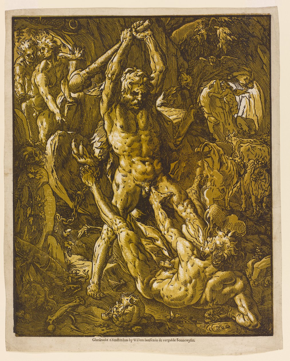 Hercules ja Cacus, 1588 (chiaroscuro-puupiirros paperille) tekijältä Hendrik Goltzius