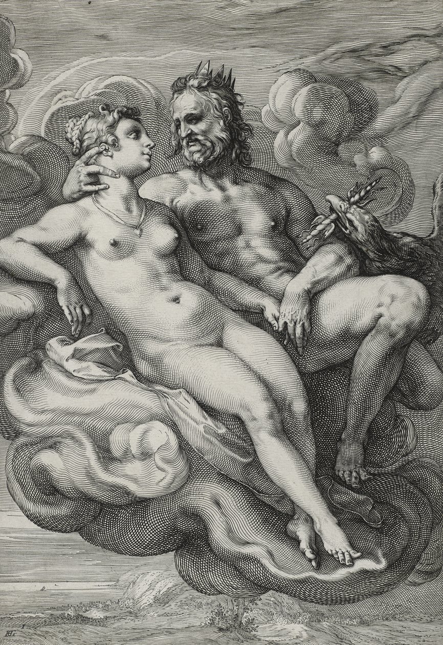 Jupiter ja Juno, n. 1593-1594 (kaiverrus paperille) tekijältä Hendrik Goltzius